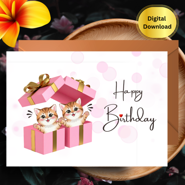 Printable Birthday Card – Digital Download – Cute Cat Popping Out of a Gift Box