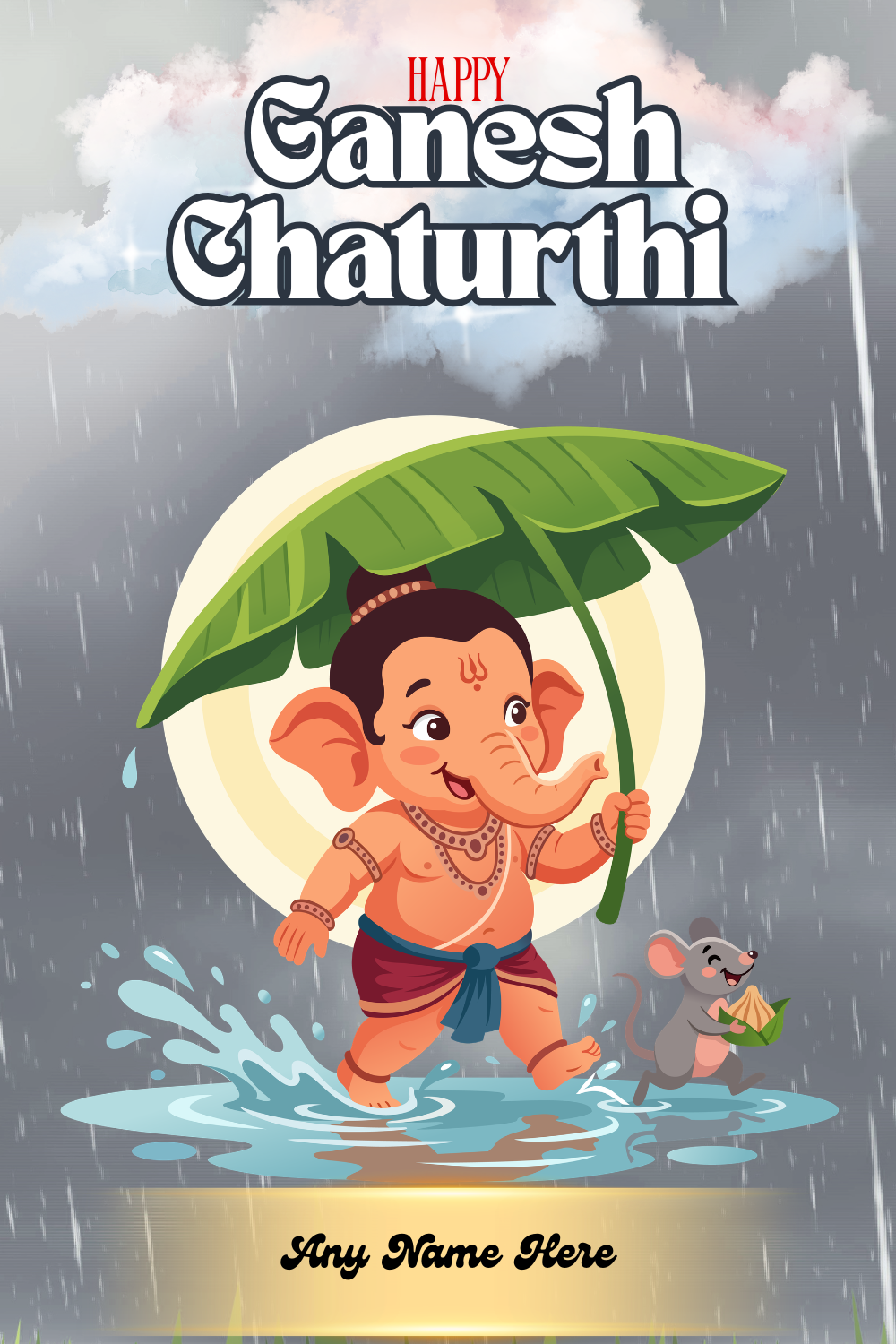 Cute Baby Ganesha Rainy Day Ganesh Chaturthi Name Card Maker & Template